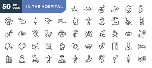 set of 50 outline in the hospital icons. editable thin line icons such as lungs organ, brush with tooth paste, sticking plaster, biology shape, bathroom scales, s, male and female stock vector.