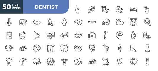 set of 50 outline dentist icons. editable thin line icons such as hand gesture raising the index finger, hand showing palm, heartbeats monitoring, brain body organ, umbrella with plus, heart black