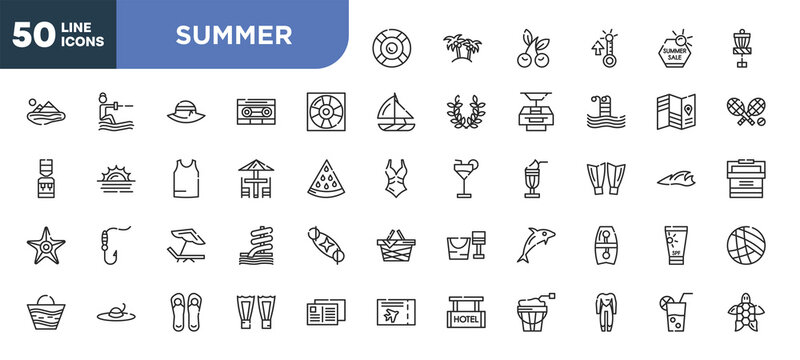 set of 50 outline summer icons. editable thin line icons such as rubber ring, life guard, terrace, beach chair, summer hat, pair of flip flops, wetsuit stock vector.