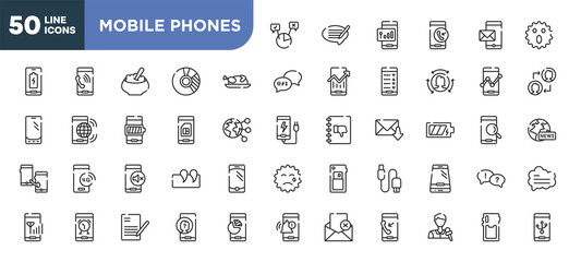 Fototapeta na wymiar set of 50 outline mobile phones icons. editable thin line icons such as polling, thanksgiving, card of phone, silence interface phone, phone alarm, writing letter, journalists stock vector.
