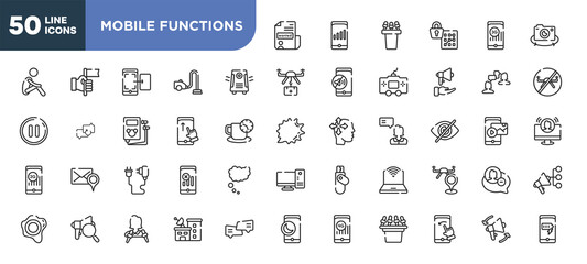 set of 50 outline mobile functions icons. editable thin line icons such as wanted, air purifier, swipe up, phone charger, expertise, journalist, swipe left stock vector.