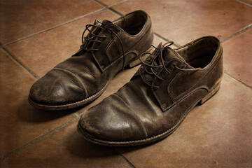 Old brown leather men shoes closeup