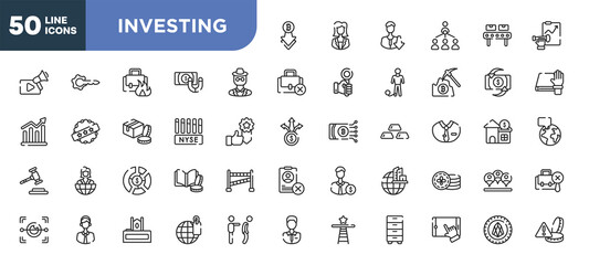 Fototapeta na wymiar set of 50 outline investing icons. editable thin line icons such as decline, detective, nyse, allocation, telemarketer, judge chair, touch screen stock vector.