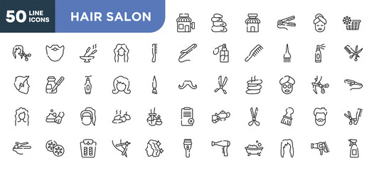 set of 50 outline hair salon icons. editable thin line icons such as barber, one comb, woman hair, female head with ponytail, cucumber, weighing, female hair stock vector.