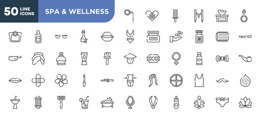 set of 50 outline spa & wellness icons. editable thin line icons such as monocle, kiss, hair conditioner, jasmine, barbershop pole, shaving razor, relaxation stock vector.