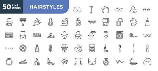 set of 50 outline hairstyles icons. editable thin line icons such as breast, snail slime, massages, softener, hair iron, nail scissors, cardiogram stock vector.