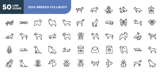 set of 50 outline dog breeds fullbody icons. editable thin line icons such as dalmatian, newfoundland, bulterrier, pointer dog, yorkshire terrier, null, pollen beetle stock vector.