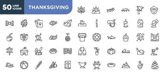 set of 50 outline thanksgiving icons. editable thin line icons such as fall, berries, cornucopia, bunny, beach ball, skewer, pyramids stock vector.