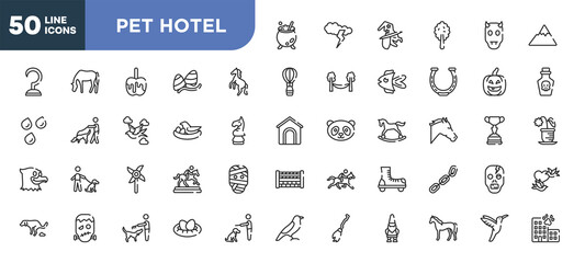 set of 50 outline pet hotel icons. editable thin line icons such as cauldron, wild horse, bird and egg, pinwheel, frankenstein, man combing a dog, horse standing stock vector.