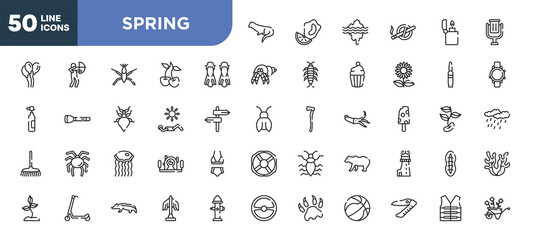 set of 50 outline spring icons. editable thin line icons such as otter, flippers, sunba, medusa, scooter, badger, swiss army knife stock vector.