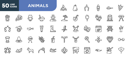 set of 50 outline animals icons. editable thin line icons such as sailing, sand castle, sun lotion, grill, watermelon, bulldog, sea cow stock vector.