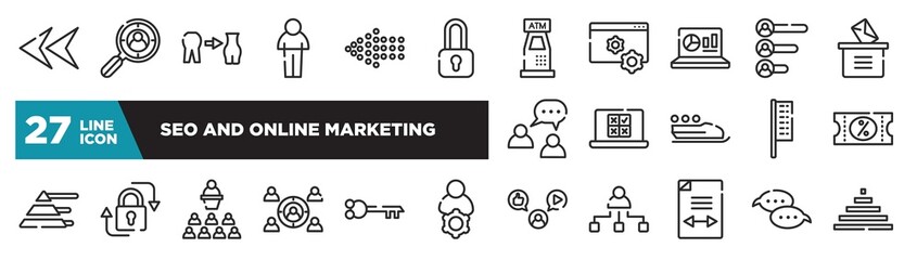 set of seo and online marketing icons in outline style. thin line web icons such as left arrow head, locked padlock, statistics on screen, online voting, lock, old key in diagonal, speech bubbles