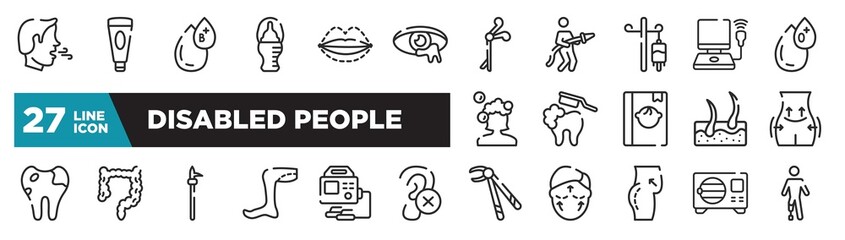 set of disabled people icons in outline style. thin line web icons such as breath, infection, drip, brushing teeth, intestine, defibrillator, sterilization editable vector.