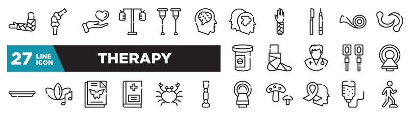 set of therapy icons in outline style. thin line web icons such as broken hand, neurology, instruments, broken leg, music therapy, seafood, iv bag editable vector.
