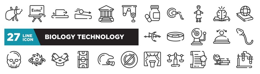 set of biology technology icons in outline style. thin line web icons such as liver, pulley, headmistress, petri dish, black hole, baseball helmet, studies editable vector.