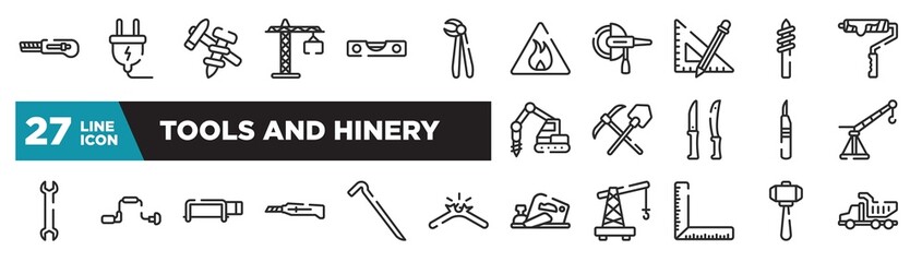 set of tools and hinery icons in outline style. thin line web icons such as null, forceps, ruler and pencil, mine, brace, crowbar, big hammer editable vector.