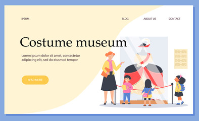 Obraz na płótnie Canvas Costume museum web banner with children on excursion, flat vector illustration.