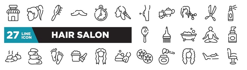 set of hair salon icons in outline style. thin line web icons such as barber shop, hair dye, female hair cut with scissors, brush tool, hot stones, long female tincture, waxing editable vector.