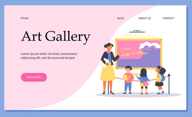 Fototapeta na wymiar Web banner for art gallery, children visit exhibition flat style