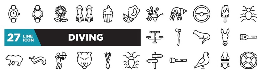 set of diving icons in outline style. thin line web icons such as wristwatch, mussel, steering wheel, axe, slug, onion, bikini editable vector.