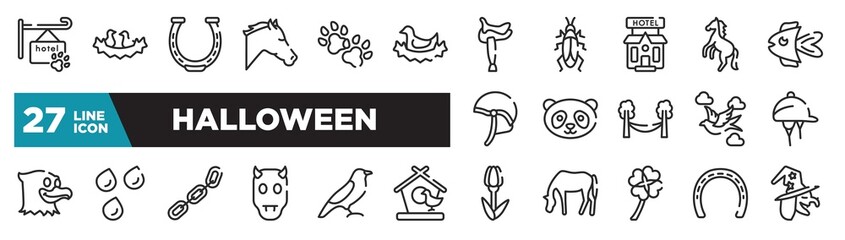 set of halloween icons in outline style. thin line web icons such as pet hotel, bird in nest, pets hotel, panda face, raindrops, bird of black feathers, null editable vector.