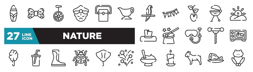 set of nature icons in outline style. thin line web icons such as suroard, gravy, seeds, magic wand, soda, stingray, ham editable vector.