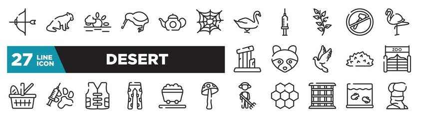set of desert icons in outline style. thin line web icons such as archery, cobweb, herb, racoon, vaccine, wagon, aquarium editable vector.