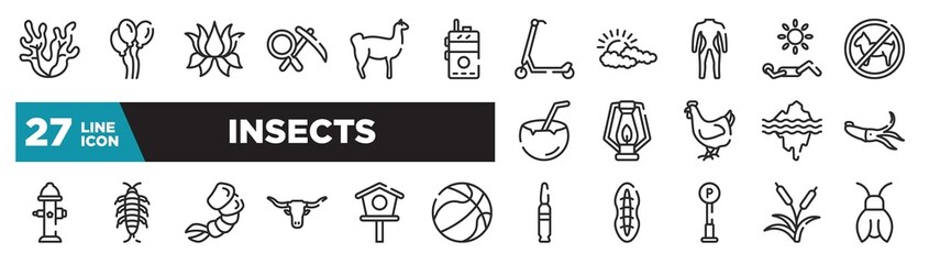 set of insects icons in outline style. thin line web icons such as seaweed, walkie talkie, diving suit, oil lamp, silverfish, birdhouse, reeds editable vector.