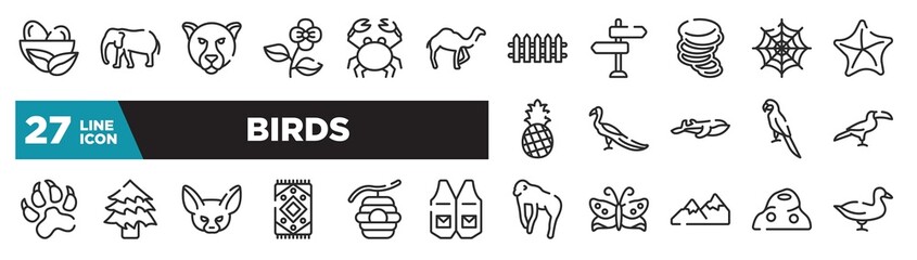 set of birds icons in outline style. thin line web icons such as nest, dromedary, tornado, peacock, spruce, beehive, anthill editable vector.