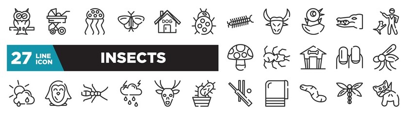 set of insects icons in outline style. thin line web icons such as owl, ladybug, chick, tarantula, penguin, deer, dragon fly editable vector.