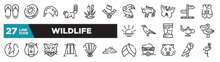 set of wildlife icons in outline style. thin line web icons such as sandals, trap, butterflies, crow, baboon, shell, parrot editable vector.