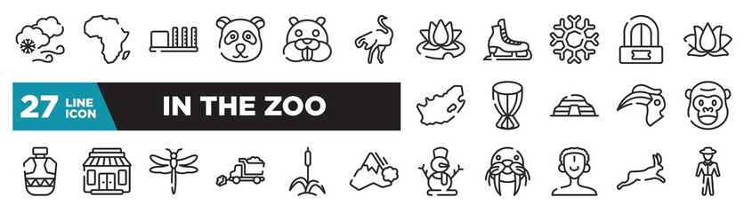 set of in the zoo icons in outline style. thin line web icons such as blizzard, ostrich, snowflakes, african drum, gift shop, cattail, hare editable vector.