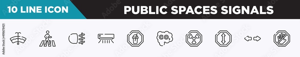 Poster set of 10 outline public spaces signals icons. editable thin line icons such as windshield washer, c