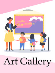 Kids watch exhibition in art gallery, guide tells about picture flat style