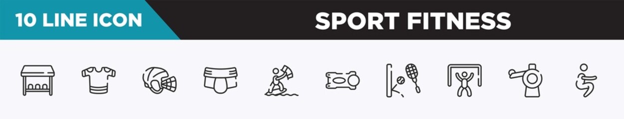 set of 10 outline sport fitness icons. editable thin line icons such as team bench, t-shirts, hockey helmet, jockstrap, kitesurfing, stem, squash vector illustration.