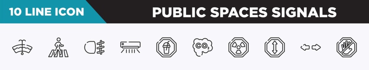 set of 10 outline public spaces signals icons. editable thin line icons such as windshield washer, crossing, fog light, air condition, milk shake, carbon monoxide, radiactive vector illustration.