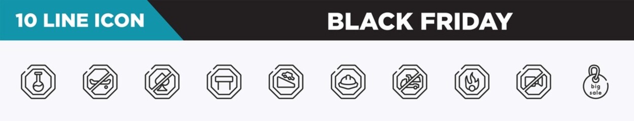 set of 10 outline black friday icons. editable thin line icons such as substance, no skating, no gambling, tall, descending, hard, no trucks vector illustration.
