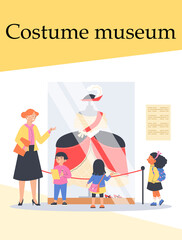 Costume museum flyer or banner for school trips, flat vector illustration.