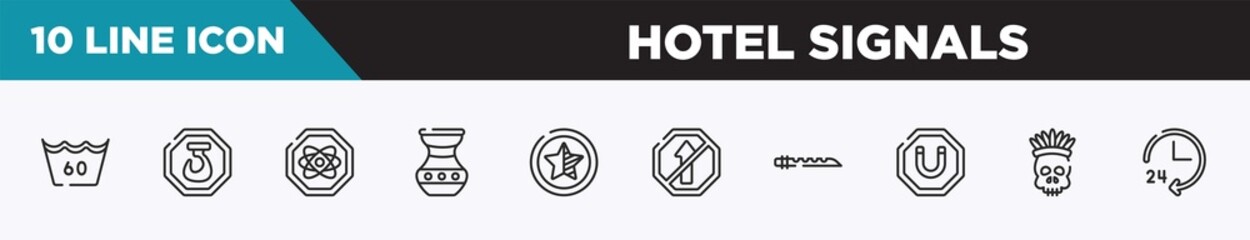 set of 10 outline hotel signals icons. editable thin line icons such as null, hoist, atom, native american pot, half star, no straight, native american flute vector illustration.