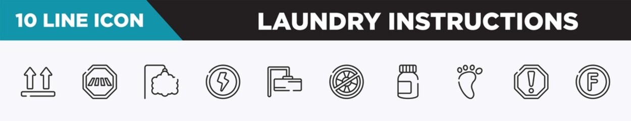 set of 10 outline laundry instructions icons. editable thin line icons such as lift, crossing road caution, ornamental, shock, rectangular, no lifeguard, pills jar vector illustration.