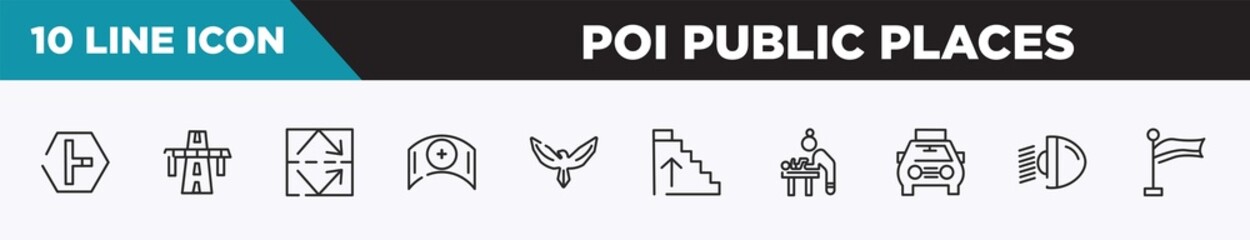 set of 10 outline poi public places icons. editable thin line icons such as t junction, bridge on avenue perspective, reflective, nursing, hawk, ascending stairs, baby changer vector illustration.