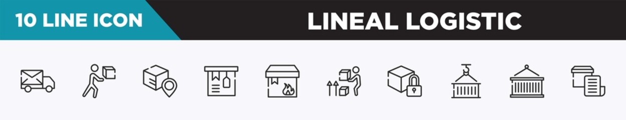 set of 10 outline lineal logistic icons. editable thin line icons such as mail send, delivering box, track package, tagged package, flammable package, lift up, locked pack vector illustration.