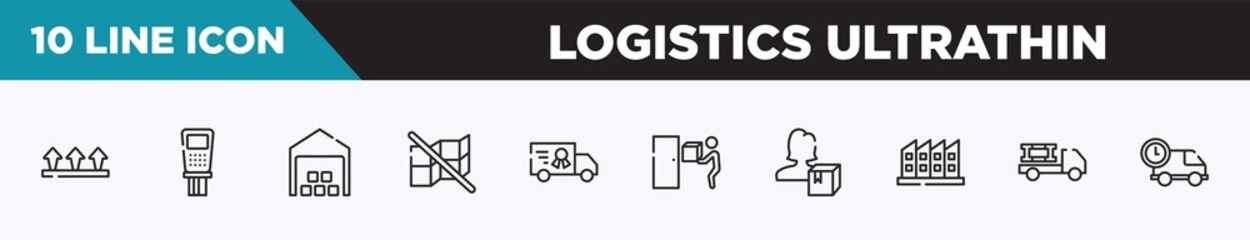 set of 10 outline logistics ultrathin icons. editable thin line icons such as this side up, payment terminal, distribution center, do not stack, charter, doorstep, delivery woman vector