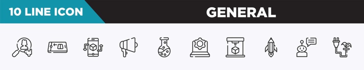 set of 10 outline general icons. editable thin line icons such as hr solutions, digital product, ar app, agitation, chemical lab, information technology, 3d printing vector illustration.