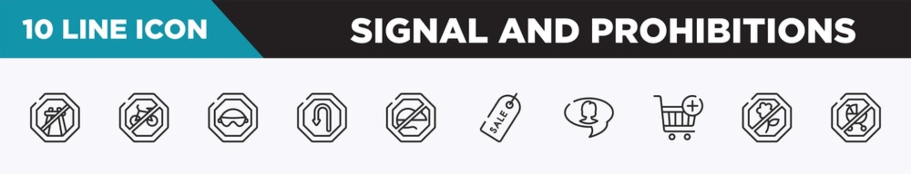 set of 10 outline signal and prohibitions icons. editable thin line icons such as end motorway, no bicycle, eyewear, left hair pin, no rodents, labels, videochat vector illustration.