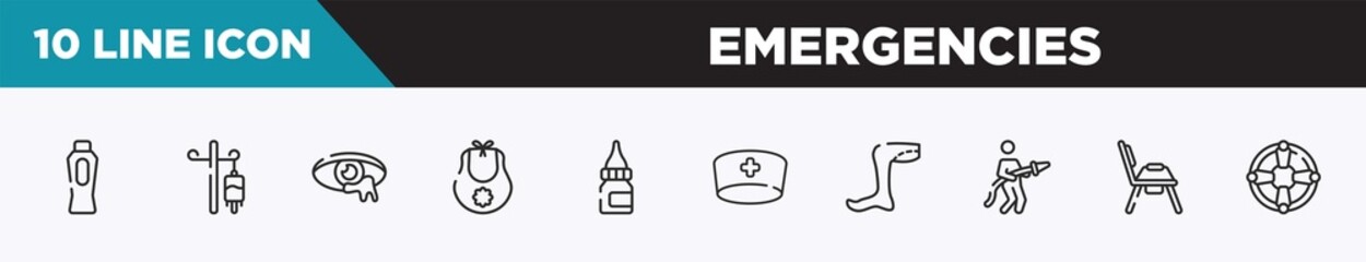 set of 10 outline emergencies icons. editable thin line icons such as baby powder, drip, infection, baby bib, drop medicine, doctor cap, legs vector illustration.