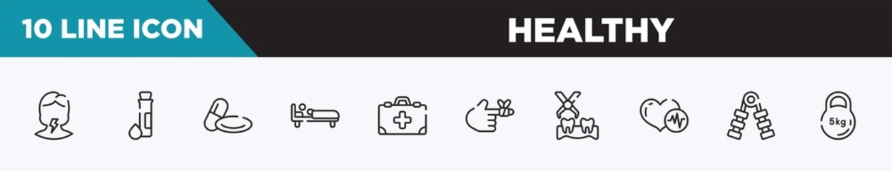 Fototapeta premium set of 10 outline healthy icons. editable thin line icons such as sore throat, test tube and drop, 2 pills, man in bed, medicine kit with first aid, bandaged hurt finger, extraction vector