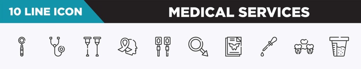 set of 10 outline medical services icons. editable thin line icons such as mouth mirror, phonendoscope, crutches, hope, electrotherapy, masculine, inkblot test vector illustration.