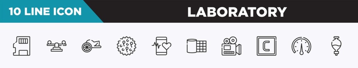 set of 10 outline laboratory icons. editable thin line icons such as sd, balancer, chariot, ovule, medical app, gauze, documentary vector illustration.