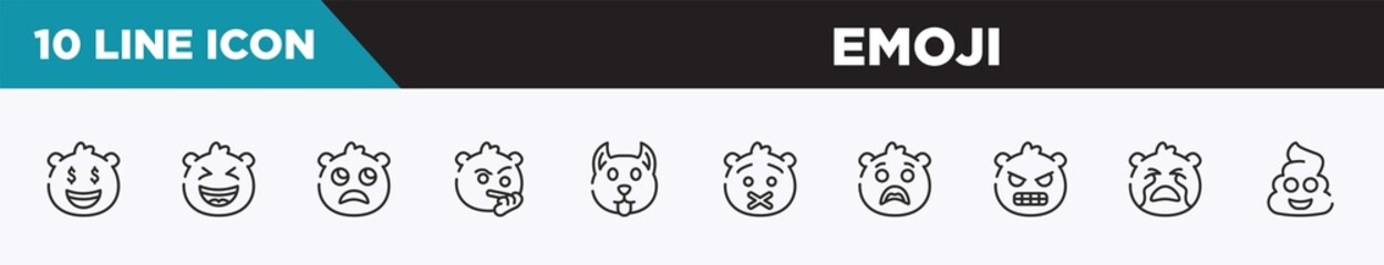 set of 10 outline emoji icons. editable thin line icons such as rich emoji, laugh emoji, slightly frowning suspicious dog muted surprise vector illustration.